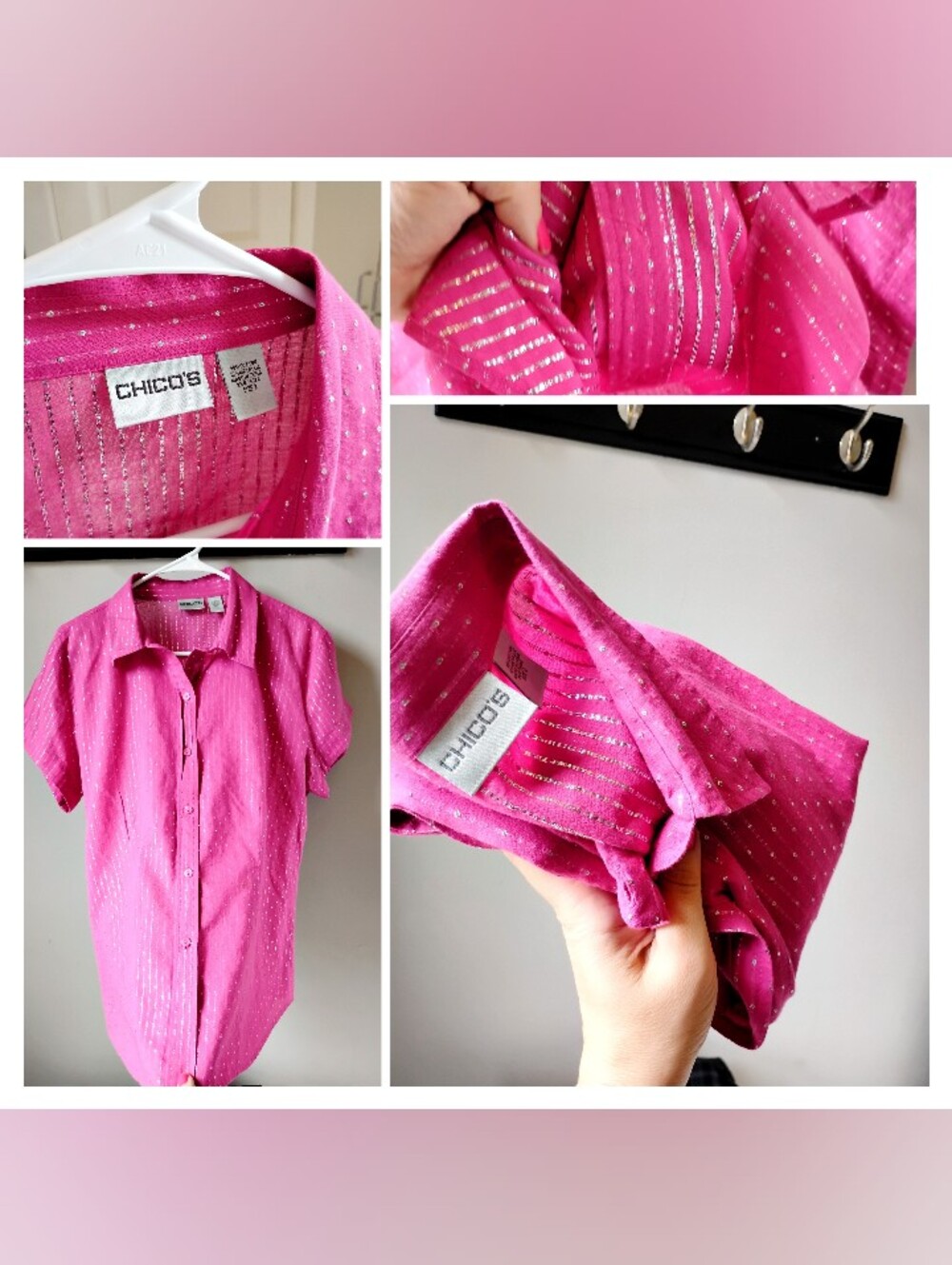 NWT Chicos Silver Sparkling Glittered Persian Pink Blouse